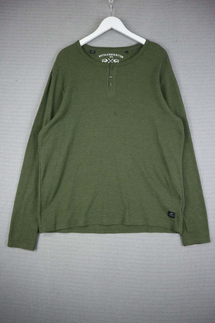 Buffalo David Bitton Long Sleeve Waffle Knit Henley Shirt Olive Green XL